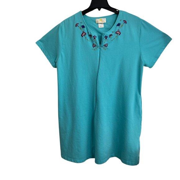 Stan Herman Womens 2X Aqua Floral Embroidered Short Sleeve Zip House Dreass - Picture 1 of 7